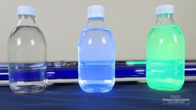 Glowing Water Experiment Three bottles of water, one clear, one glowing blow, and one glowing green