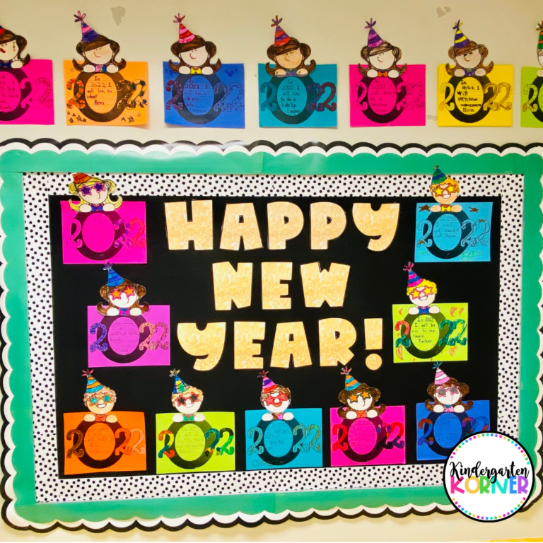New Year Bulletin Resolutions A brightly colored bulletin board says Happy New Year. It has cartoon children on it holding pieces of paper with their resolutions written on it.