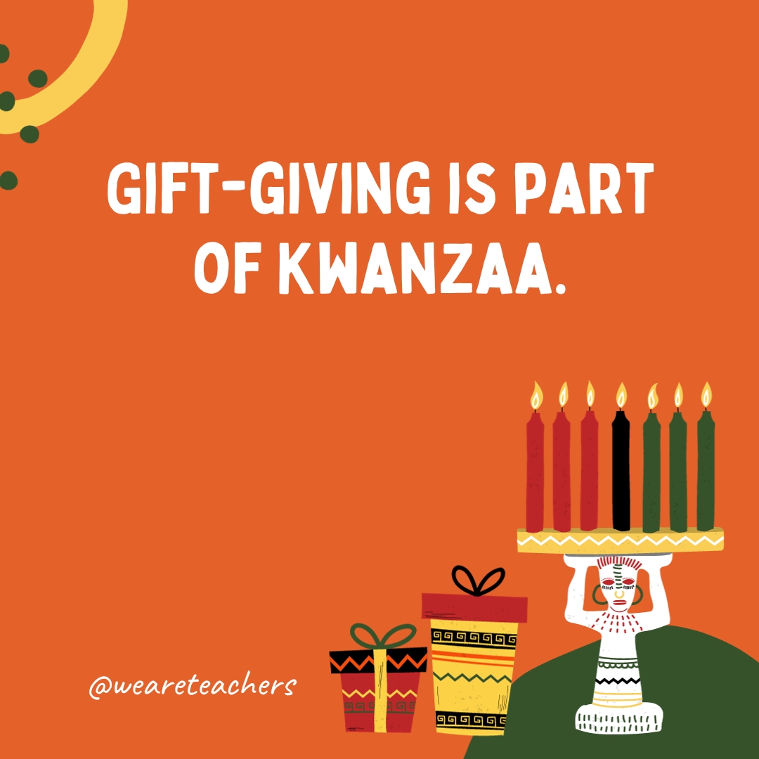 Gift-giving is part of Kwanzaa. Gift-giving is part of Kwanzaa.