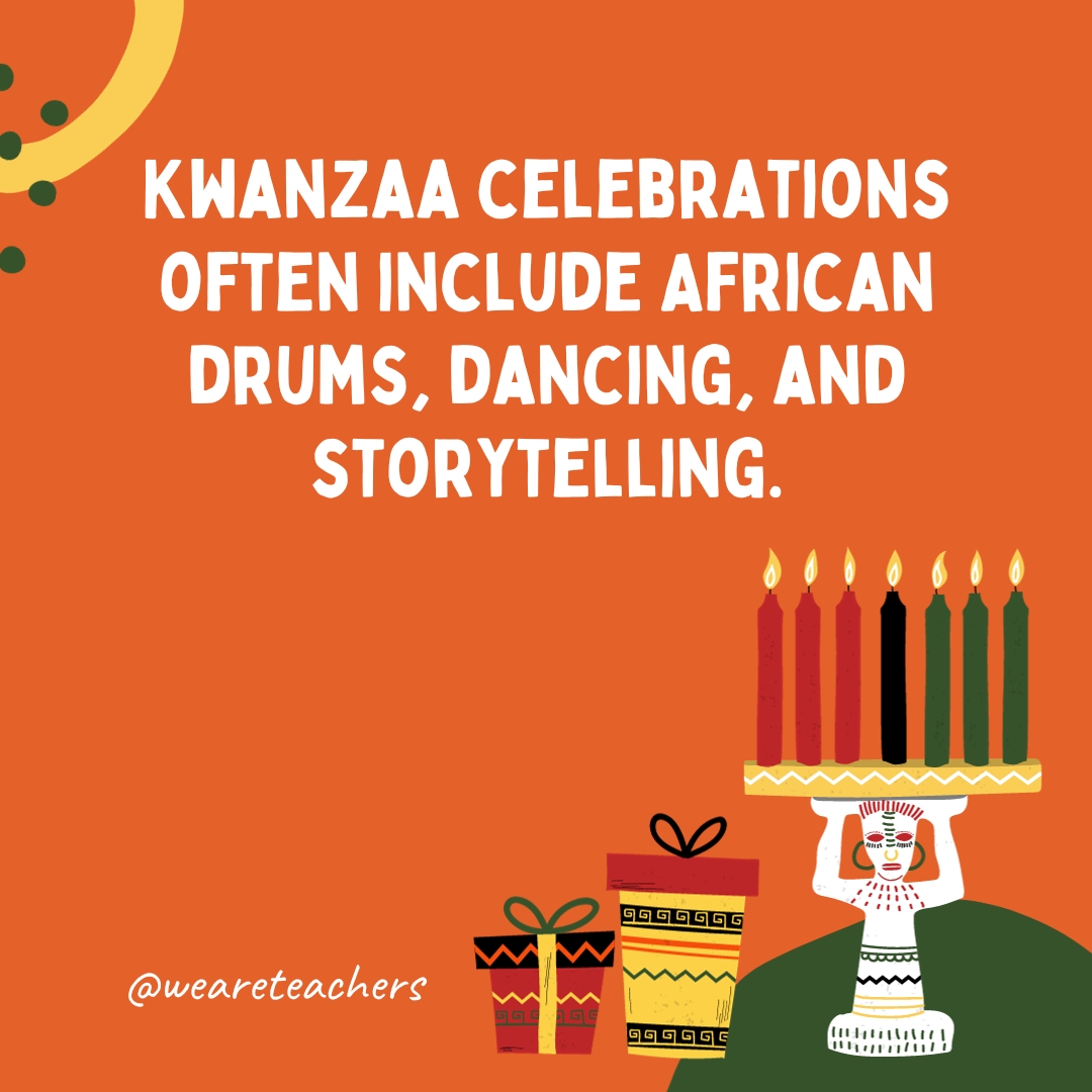 Kwanzaa celebrations often include African drums, dancing, and storytelling. Kwanzaa celebrations often include African drums, dancing, and storytelling.