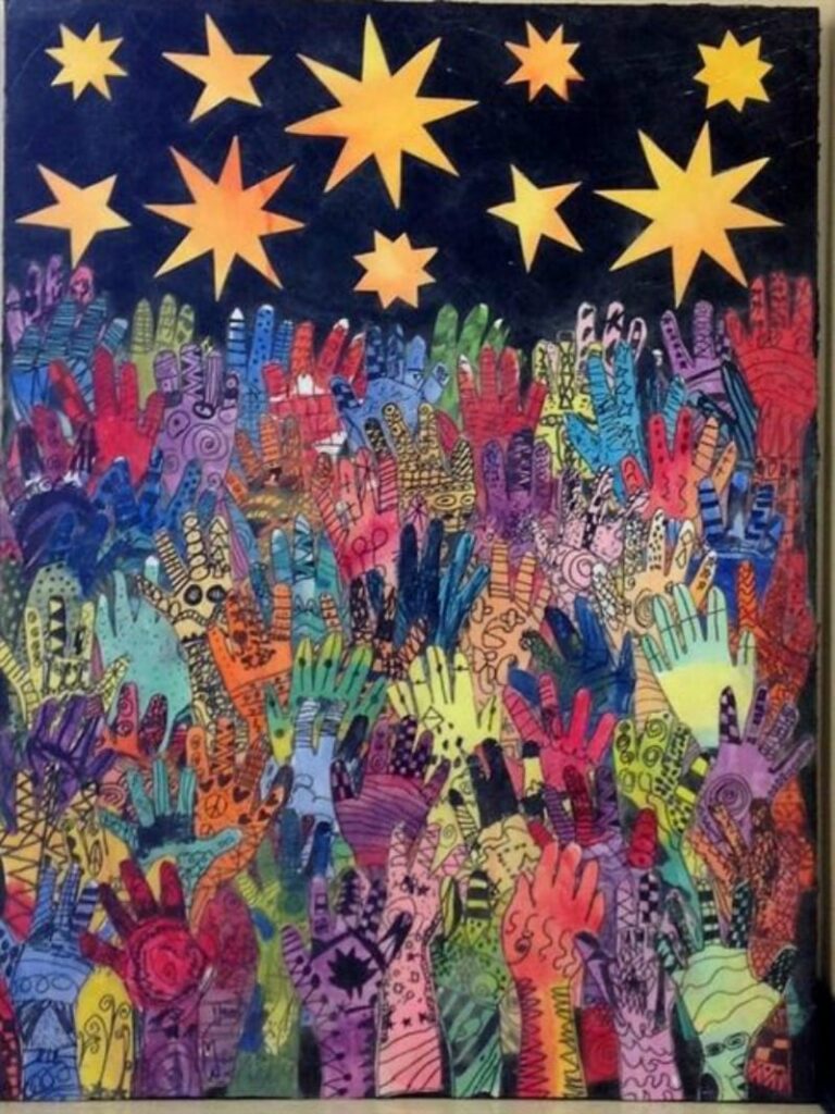 Reach-for-the-Stars A beautiful collage made by children of arms reaching up to a sky of bright stars