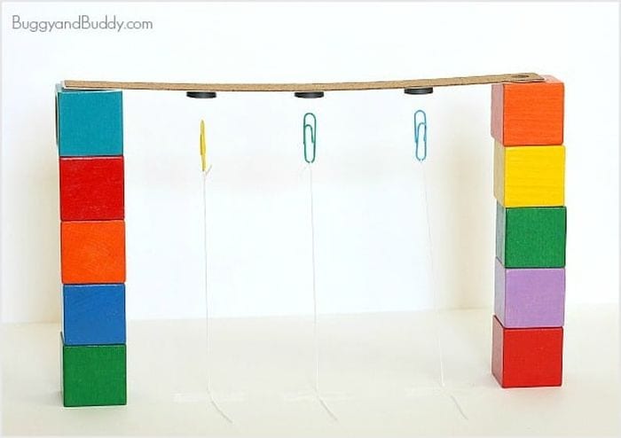 Third Grade Science Gravity Buggy and Buddy Two stacks of colorful blocks supporting a stick with magnets attached, and paperclips hanging from the magnets