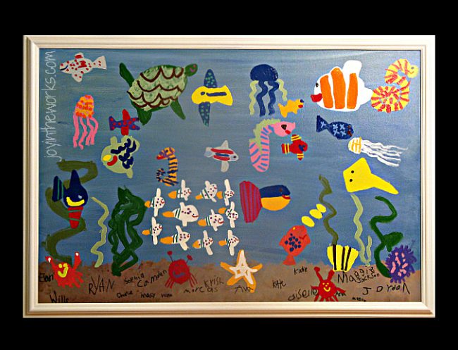 under-the-sea-scene A delightful collaborative under the sea painting featuring different sea creatures, each created by a different student
