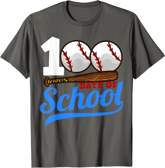 100th Day Shirt: Baseball A gray shirt has 100 on the top and the two zeros are baseballs. There is a baseball bat underneath. It reads 100 days of school.