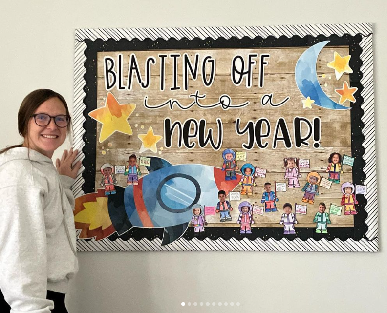 New Year Bulletin Blasting Off New year bulletin board ideas include this one that says Blasting off into a New Year. It has a rocket ship on it and astronauts whose faces are all of the student's in the class.
