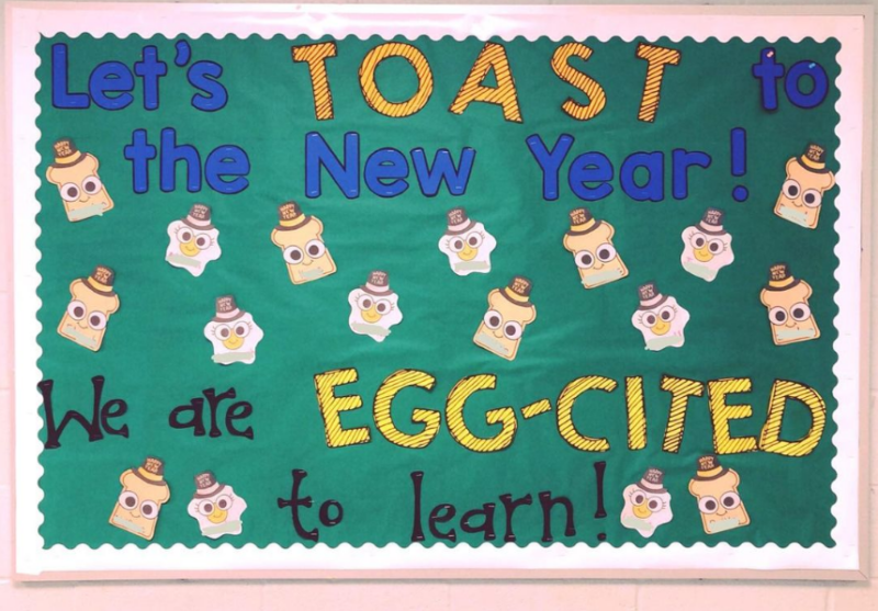 New Year Bulletin – Toast and Eggs A green background bulletin board says Let's Toast to the New Year. We Are Egg-cited to learn!