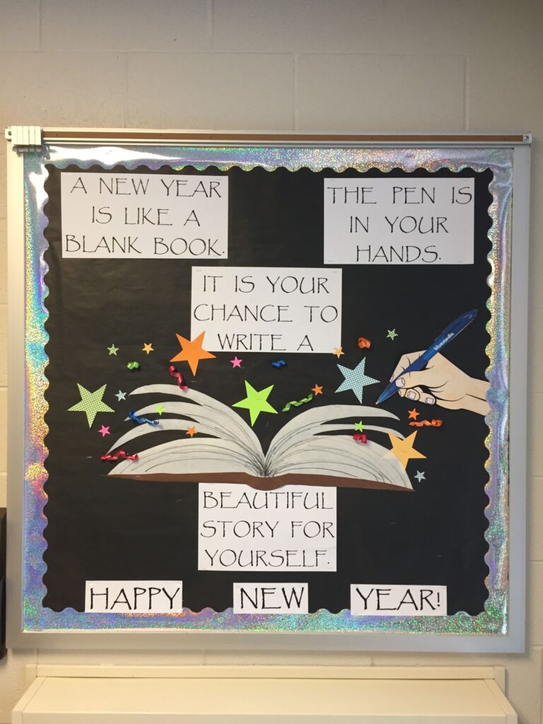 New Year Bulletin Blank Book A black background has an open book on it and the text A New Year is like a blank book.