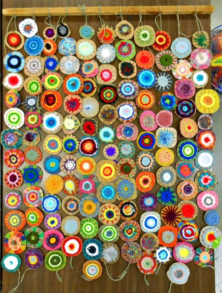 circle-weaving A colorful display of circle weavings created by schoolchildren