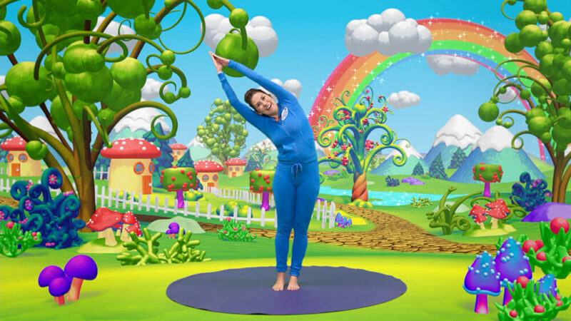 cosmic-kids-yoga a woman stretching in front of a scene of a rainbow