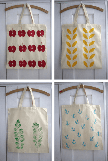decorated-tote-bags Handprinted cotton tote bags with colorful designs
