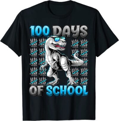 100th Day Shirt: Dinosaur A black shirt has a t-rex on it wearing sunglasses. Text reads 100 days of school. There are crayons in groups of 5 in the background that equal 100.