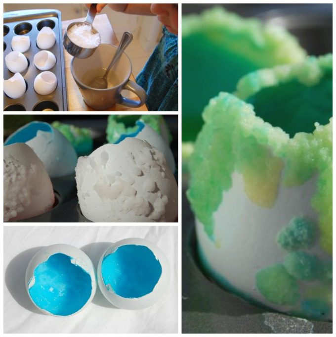 Egg Geodes Experiment Series of photos showing a science experiment using crystallization to turn eggshells into geodes