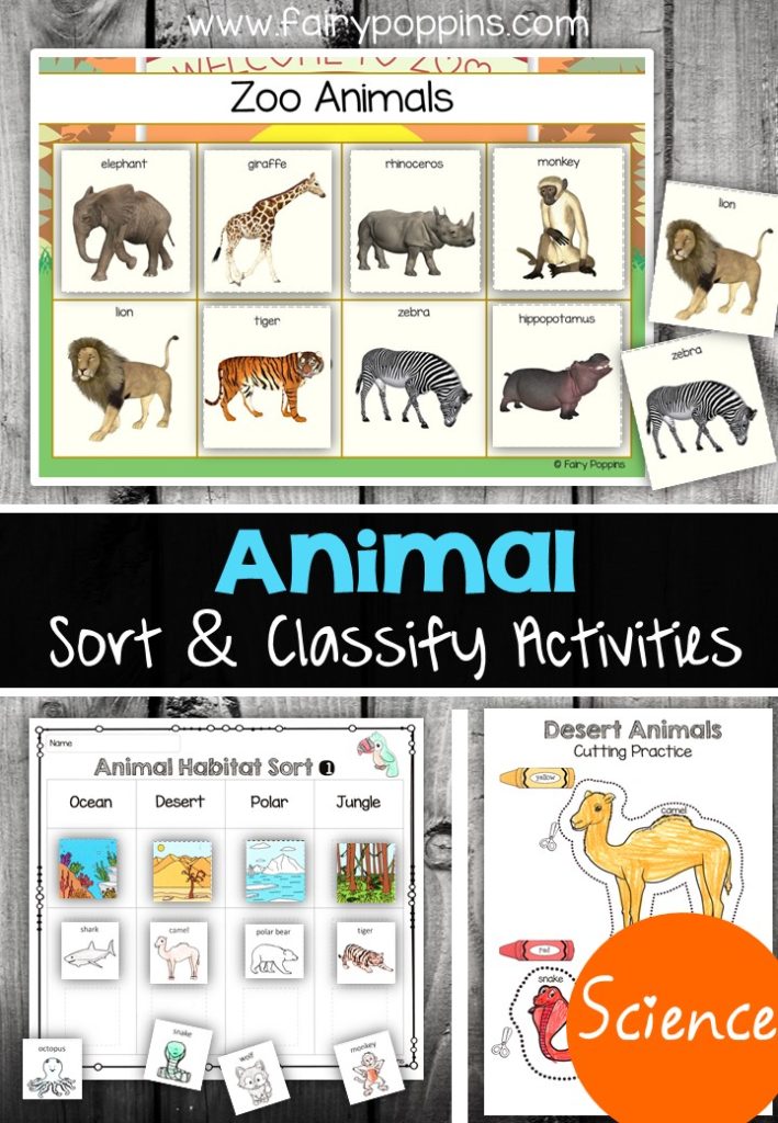 Animal Sort Science Activity Charts showing zoo animals sorted by category.