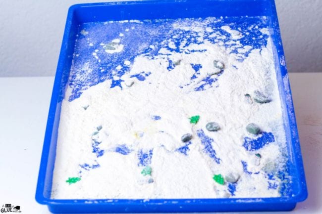 First grade science avalanches Blue tray covered in flour and small pebbles (First Grade Science Experiments)