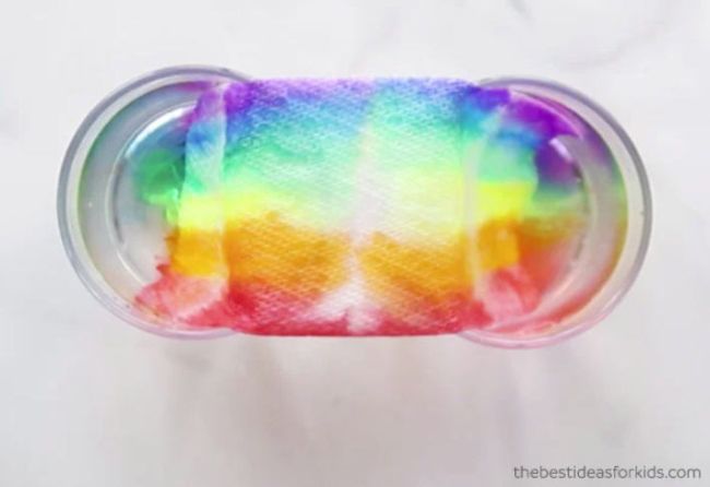 First Grade Science: Grow a Rainbow Paper towel stretched between two glasses of water, with rainbow colors stretching across it (First Grade Science Experiments)
