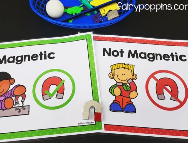First Grade Science Experiments Two sheets labeled Magnetic and Not Magnetic with small u-shaped magnet and a basket of small objects