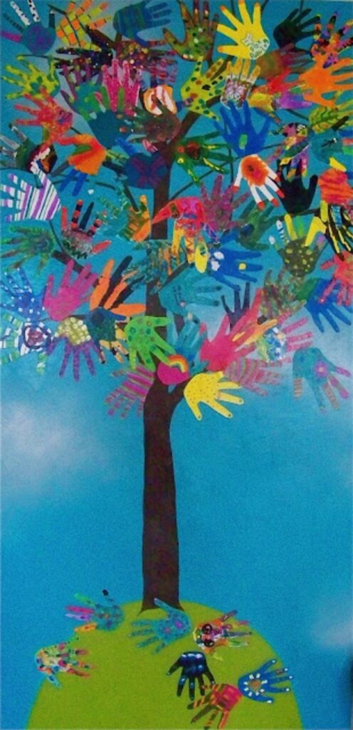 hand-tree A tree with leaves made from children's handprints against a bright blue background