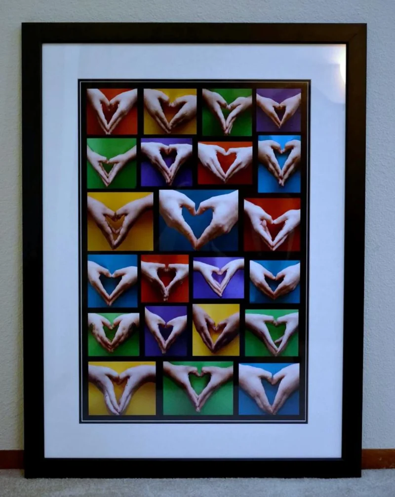 heart-hands A framed collage of childrens' hands in the shape of hearts as an example of a school auction art project