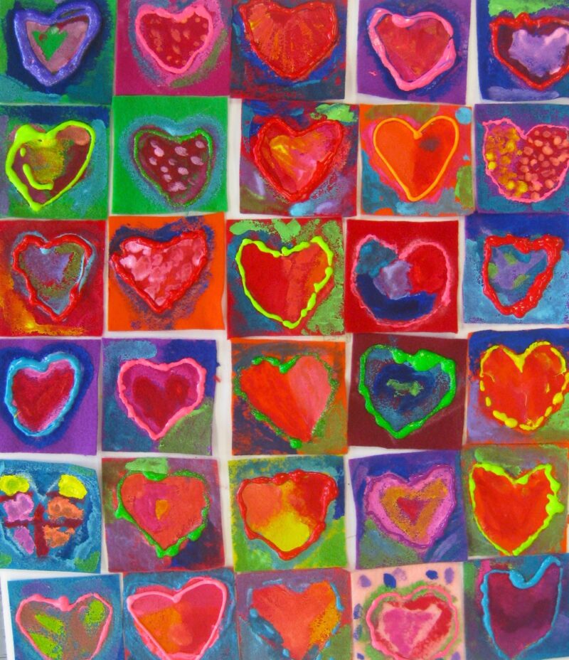 hearts-collage A colorful collage of 30 individually made heart paintings as an example of school auction art projects