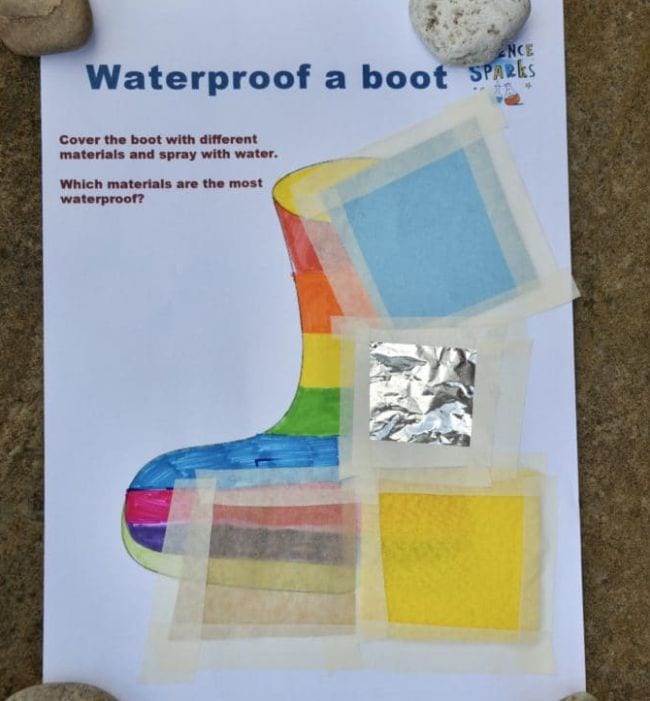 Kindergarten Science Activities Waterproof a Boot Worksheet showing drawing of a boot, covered with various materials like plastic, foil, and paper