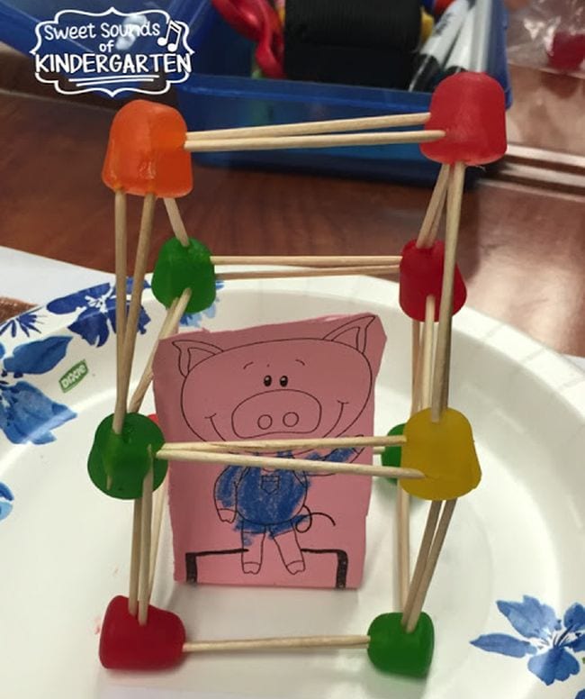 Kindergarten Science Activities STEM House House model built of toothpicks and gumdrops, with construction paper pig inside (Kindergarten Science Activities)
