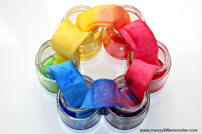 Kindergarten Science Activities Walking Water Jars of colored water in a circle, with paper towels running from one to the next
