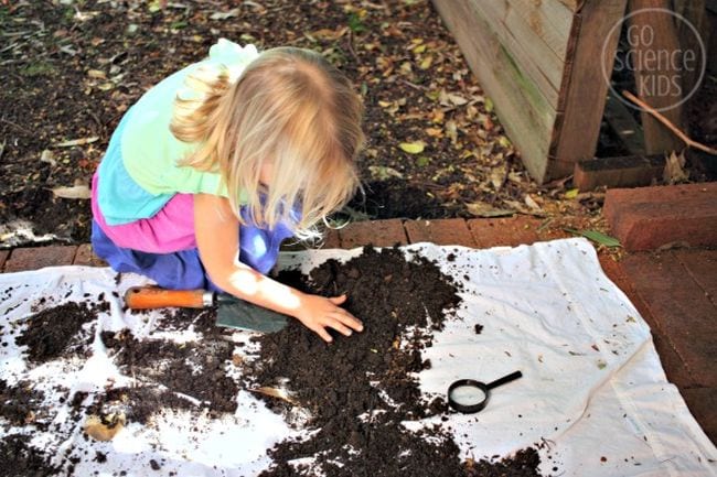 Kindergarten Science Soil Science Child examining dirt on a white tarp with a magnifying glass (Kindergarten Science Activities)