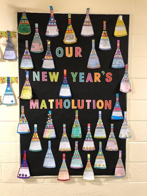 New Year Bulletin Matholutions Text reads Our New Year's Matholutions and has differently decorated bells on it.