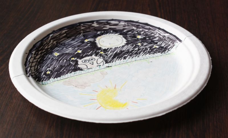 Night and Day Plate Science Activity Paper plate divided in half, with night illustrated on one half and day on the other