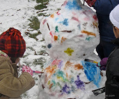 paint-snowman kids painting a snowman with food coloring for a snow activity