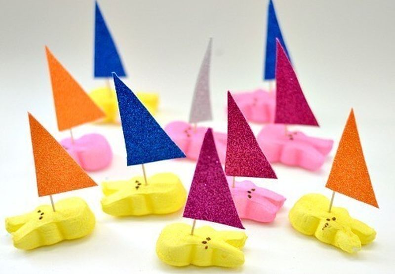 Peeps Boats Science Activity Bunny-shaped marshmallow candy Peeps with sails made from toothpicks and construction paper