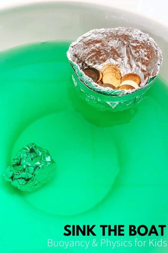 Aluminum Foil Boat A tin foil boat holds a bunch of pennies and is seen floating in green water.