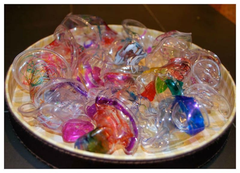 plastic-cup-chihuly A platter holds Chihuly-style sculptures made from melted plastic cups