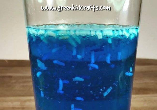 Preschool Science: Dancing Rice Glass of blue liquid with rice floating and moving in it