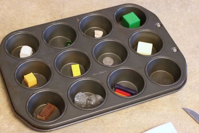 Preschool Science Melts in the Sun Muffin tin with different objects in each well (Preschool Science)