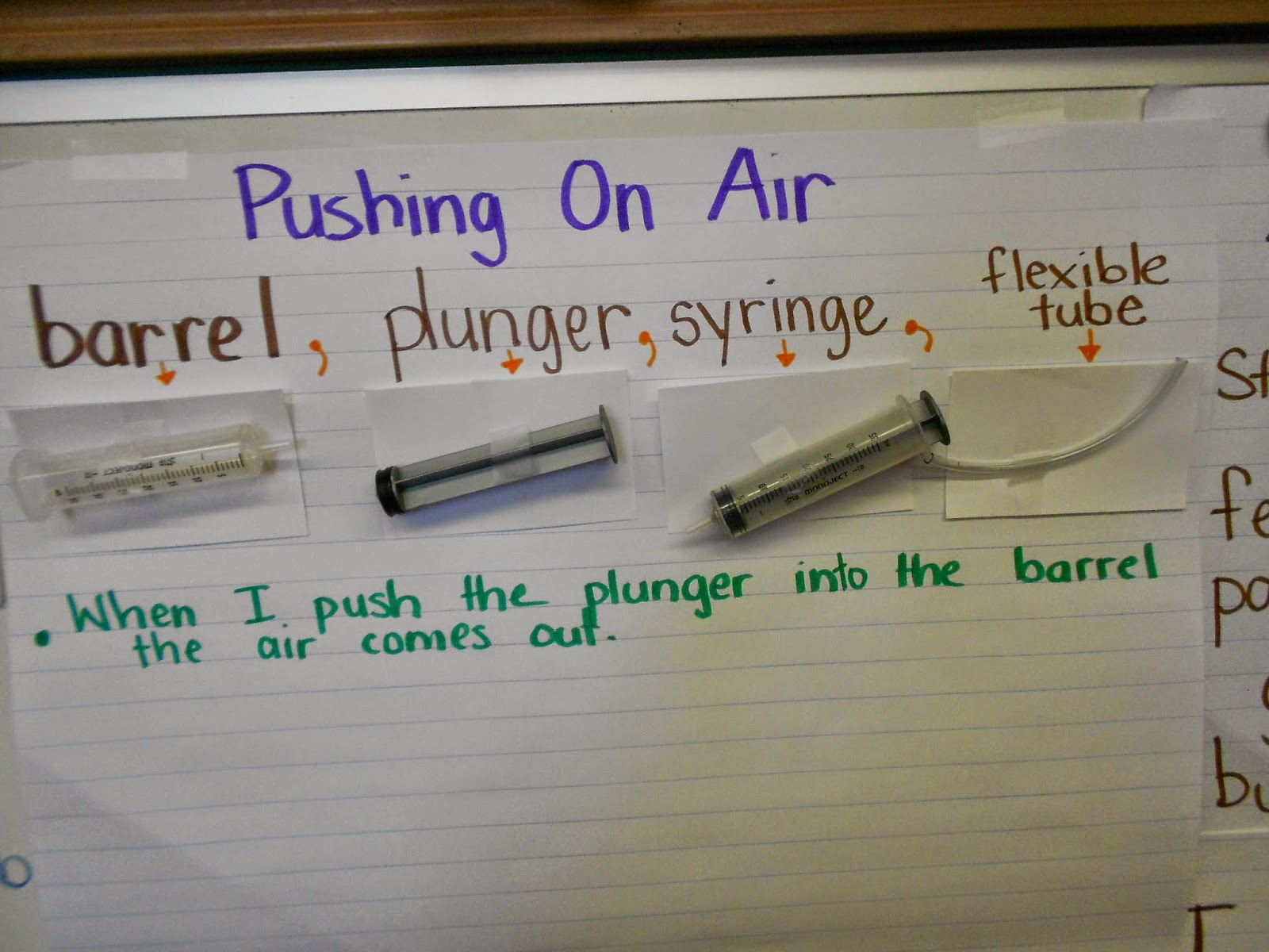 Air Pressure Science Experiment A piece of paper says Pushing On Air. It has a barrell, plunger, syringe, etc. on it