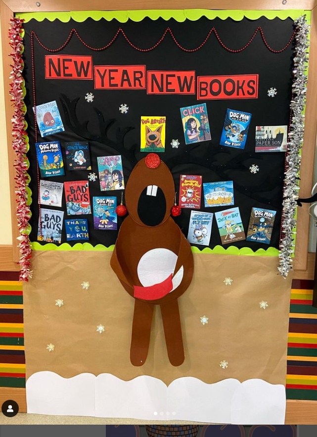 New Year Bulletin – Singing Reindeer A cutout of a reindeer singing is surrounded by book covers. Text reads New Year, New Books.