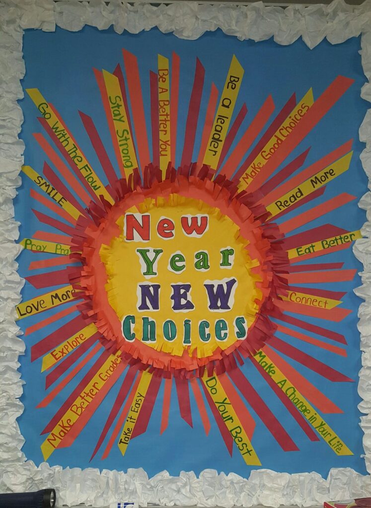 New Year Bulletin – Sun New year bulletin board ideas include this one of a sun that says New Year New Choices. The rays have choices kids can make on them.