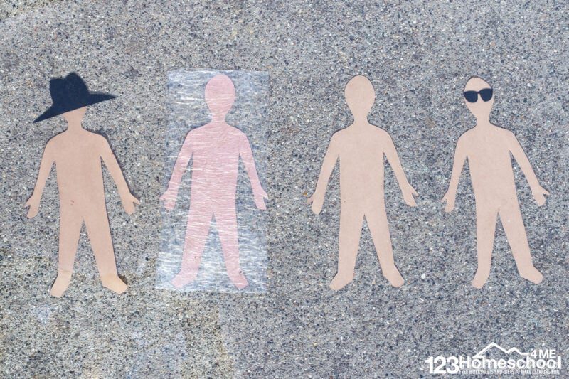 Sunscreen Science Experiment Four construction paper people are shown. One is wearing a hat, one is wrapped in plastic wrap, one is plain, and one is wearing sunglasses.