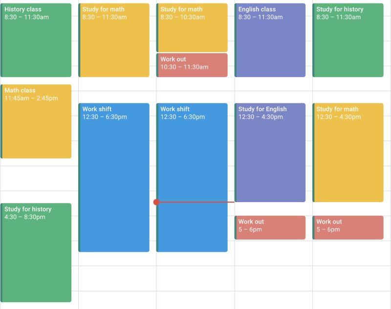 Time Management Strategies: Time Blocking A calendar showing an example of time blocking for a student's week