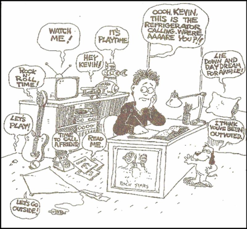 Time Management Strategies: Distractions Comic showing a student trying to study amidst a variety of distractions