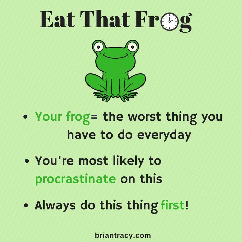 Time Management Strategies: Eat the Frog Eat That Frog: Choose the hardest task, the one you're most likely to procrastinate, and do it first
