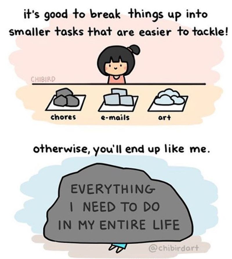 Time Management Strategies: Subtasks Comic with first panel showing a person with tasks separated in smaller tasks, and the second panel showing a giant rock labeled