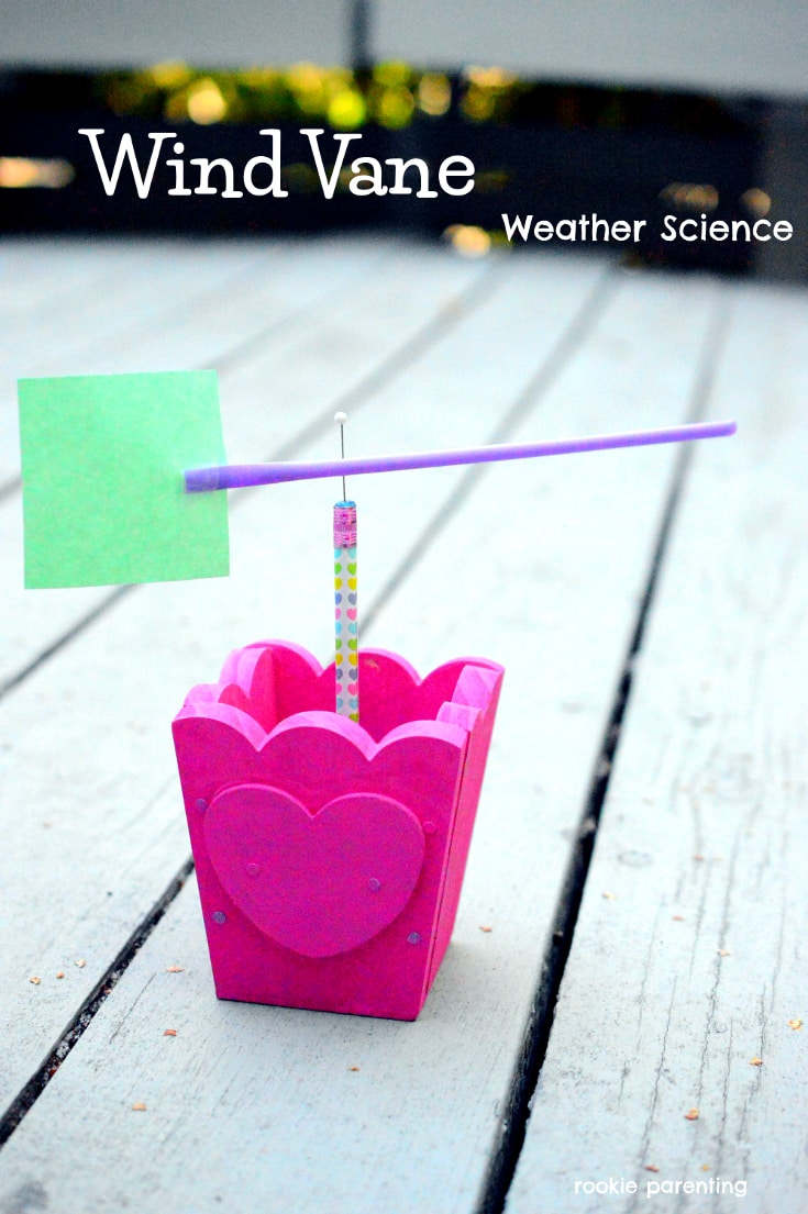 Weathervane Science Project A weathervane is made from a pink container with a pencil with a sewing needle in the eraser coming out of it. A straw with a piece of paper are attached to the top horizontally (first grade science experiments)