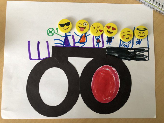 100th-day-illustrations A picture drawn by a young student using the number 100 to create a truck with a family inside