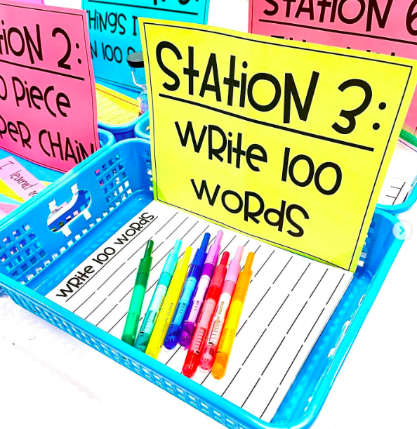 100th-day-writing-station A colorful bin with the label: