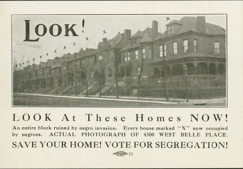 Vote for Segregation Postcard 1915 Postcard showing a row of homes owned by Black residents and urging citizens to vote for a segregation law