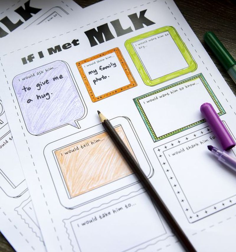 If I Met Martin Luther King, Jr. Worksheet titled If I Met MLK, with spaces to answer questions like