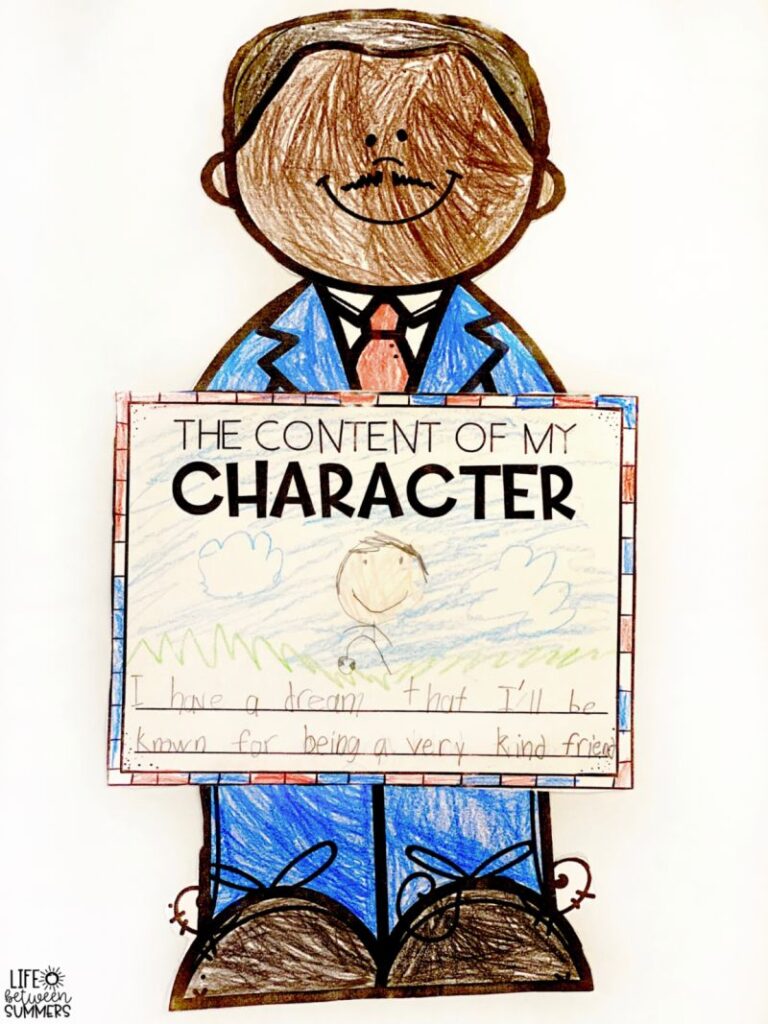 Content of Character Writing Prompts Paper Martin Luther King holding a page with a writing prompts about the content of character