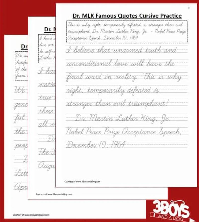 martin-luther-king-cursive Three printable worksheets with traceable quotes by Dr. Martin Luther King in cursive handwriting